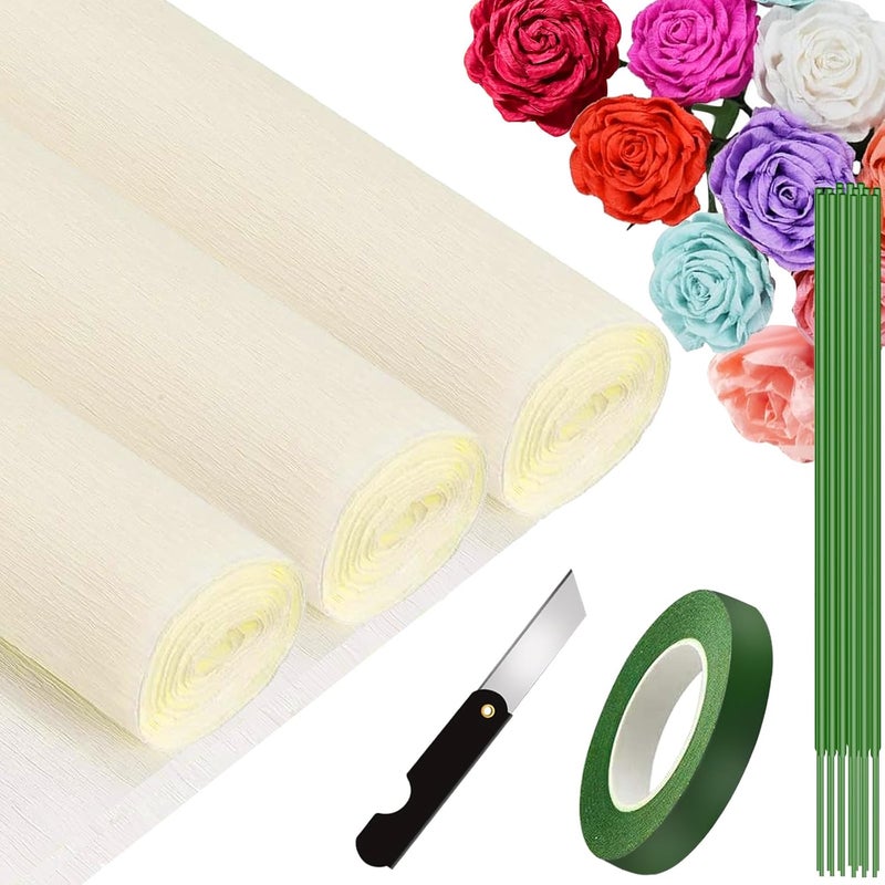 VNAKER White Crepe Paper Roll (9.8Inch x 8.2Ft/3Rolls), Heavy Papel Crepe Set Multi-Color. Crepe Paper for Birthday Wedding Party Christmas, Valentine's Day Decoration DIY Craft (White Cream) - Image 1